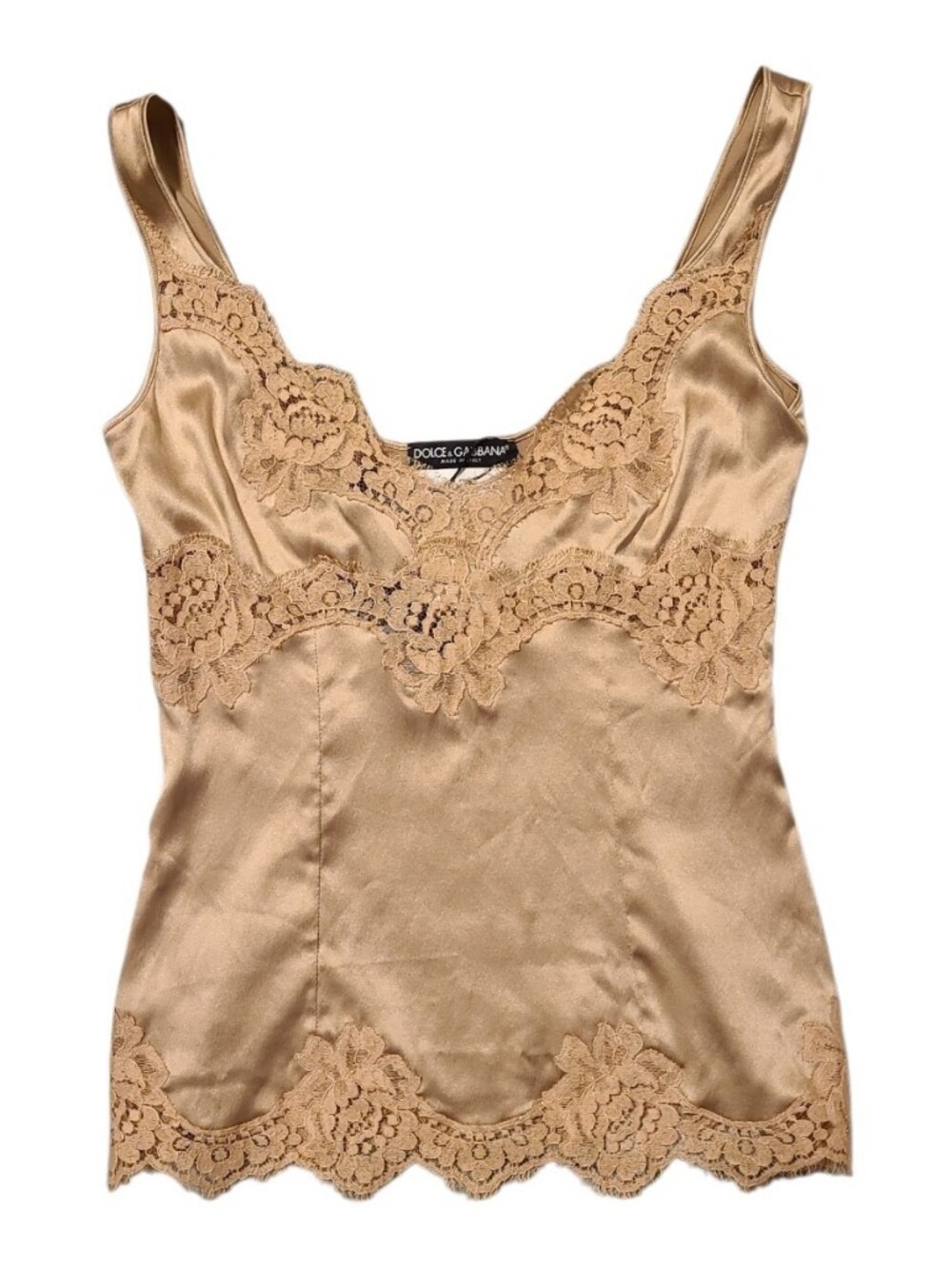 Dolce & Gabbana Gold Silk Blend Lace Trim Cami Top Womens Size IT 38/US 2
